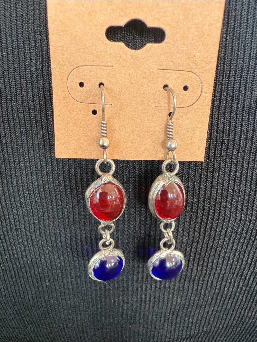 Vintage silver plated Red and Blue Glass Drop Earrings handcrafted.
